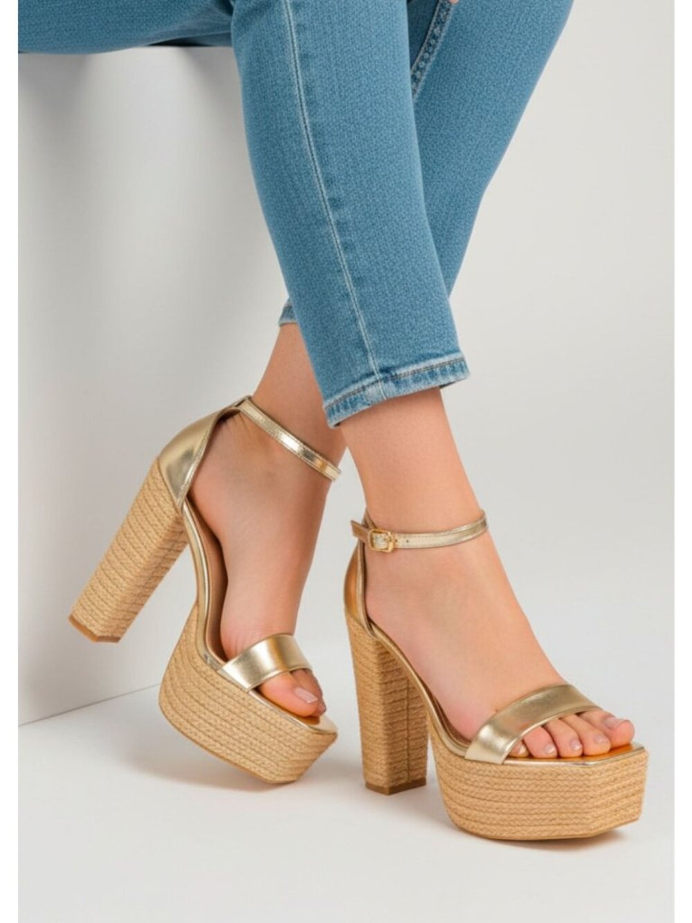 Gold Platform Sandals With Braided Block Heels & Ankle Strap